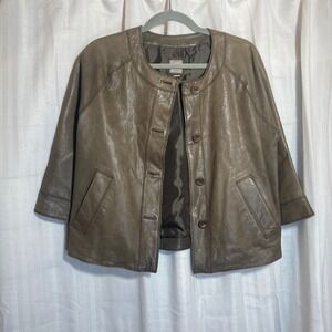 J Jill Taupe Genuine Leather Collarless Cropped Jacket Women PS Quiet Luxury